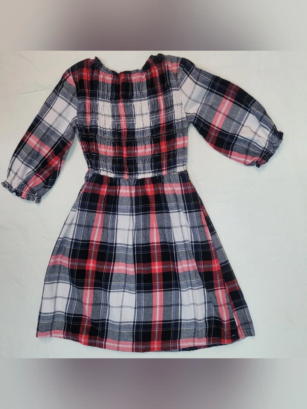 Old Navy Girls Plaid Dress in Red, Black & White Flannel, Smock Bodice, Size 8